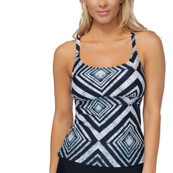 Island Escape Strappy Back Tankini Top in Black/Blue - Picture 1 of 11